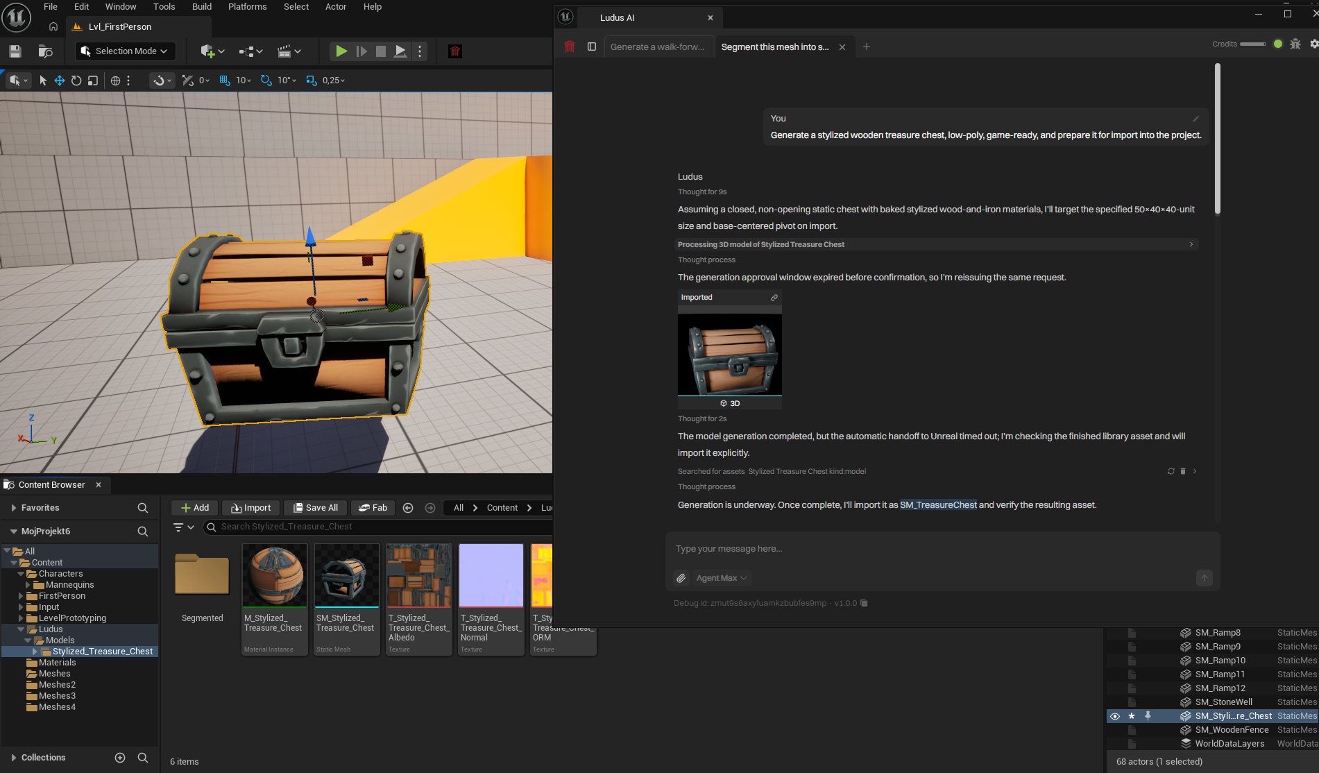 Ludus chat with a 3D model preview card next to the level viewport showing a model placewd on scene