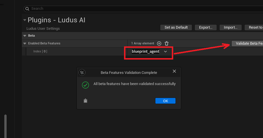 Image showing the Editor Preferences window with the Beta Features option enabled and the code &#39;blueprint_agent&#39; entered