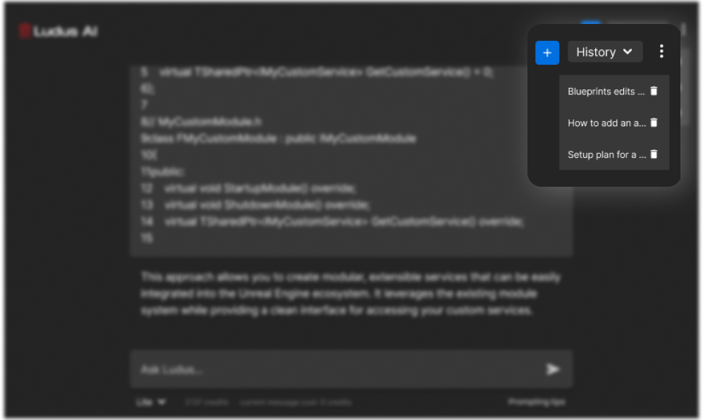 Chat history panel showing saved conversations