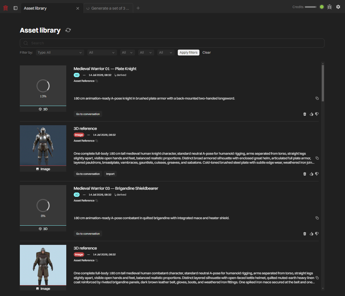 Ludus chat with several in-progress asset cards, one showing a progress percentage and a running-generations count