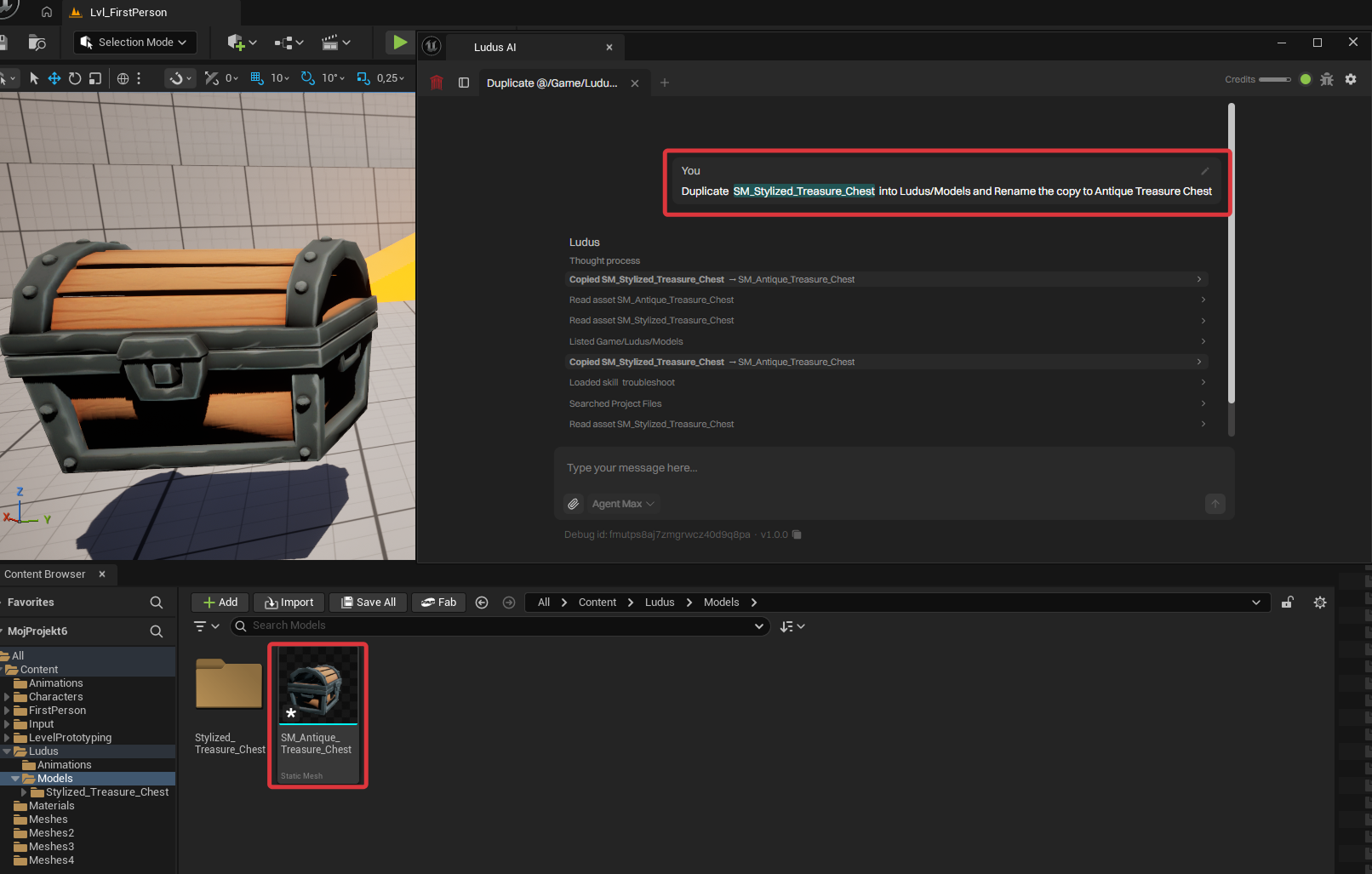 Content Browser with staged create, rename, and move operations listed in the Ludus chat