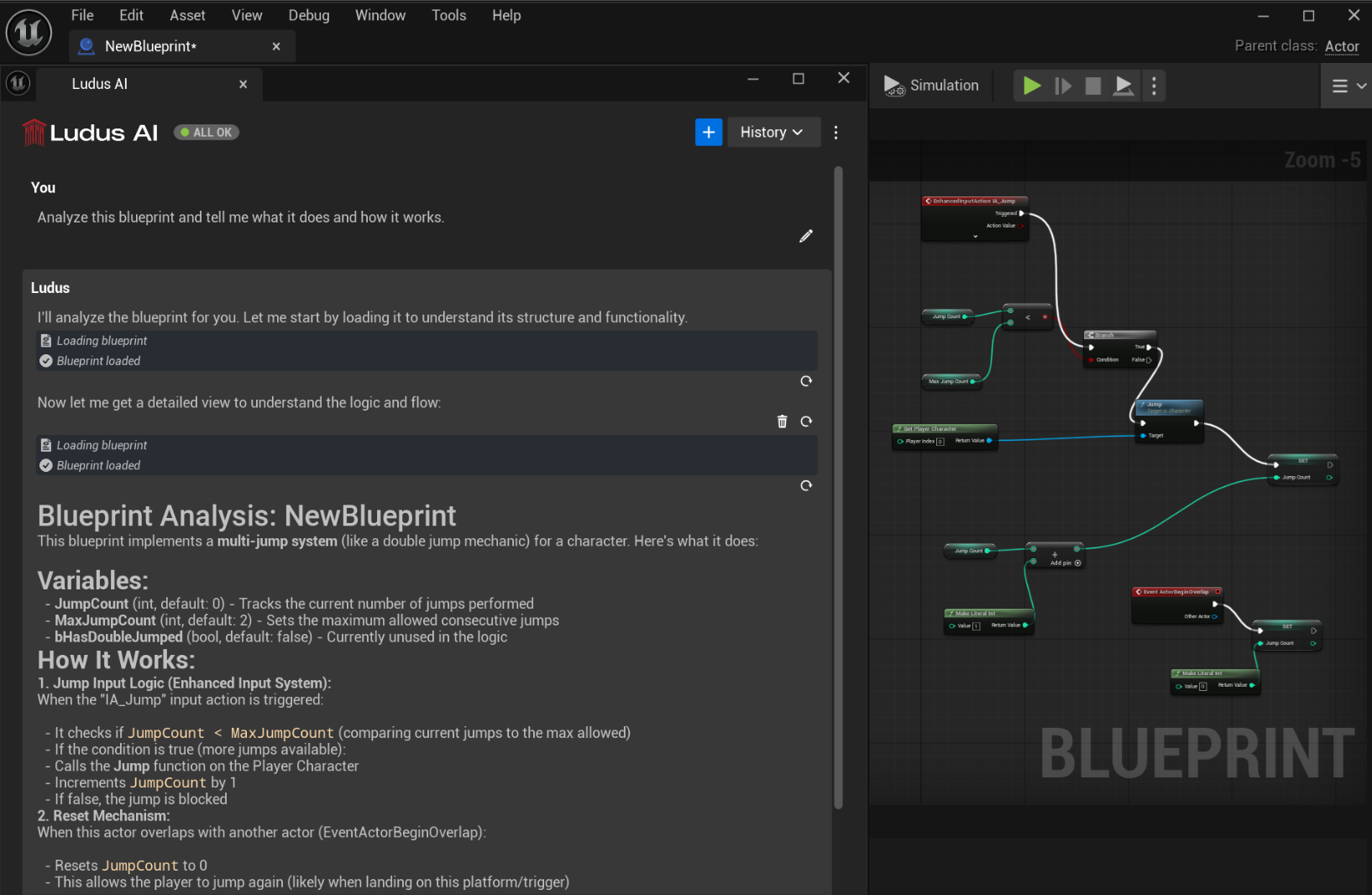 Ludus opened in plugin, visible prompt and answer. Next to the plugin, open blueprint visible.
