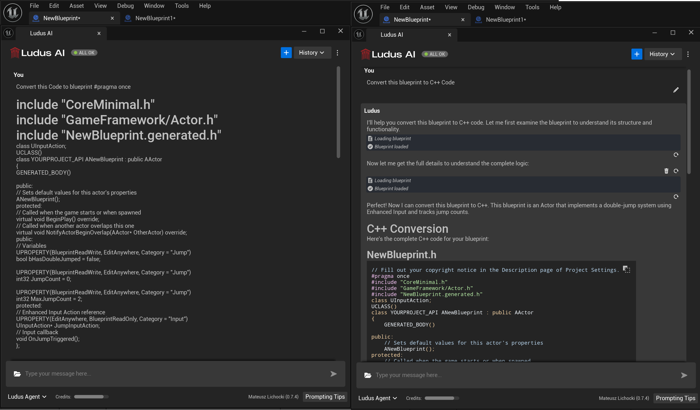 Ludus opened in plugin, visible prompt and answer. Next to the plugin, open blueprint visible.