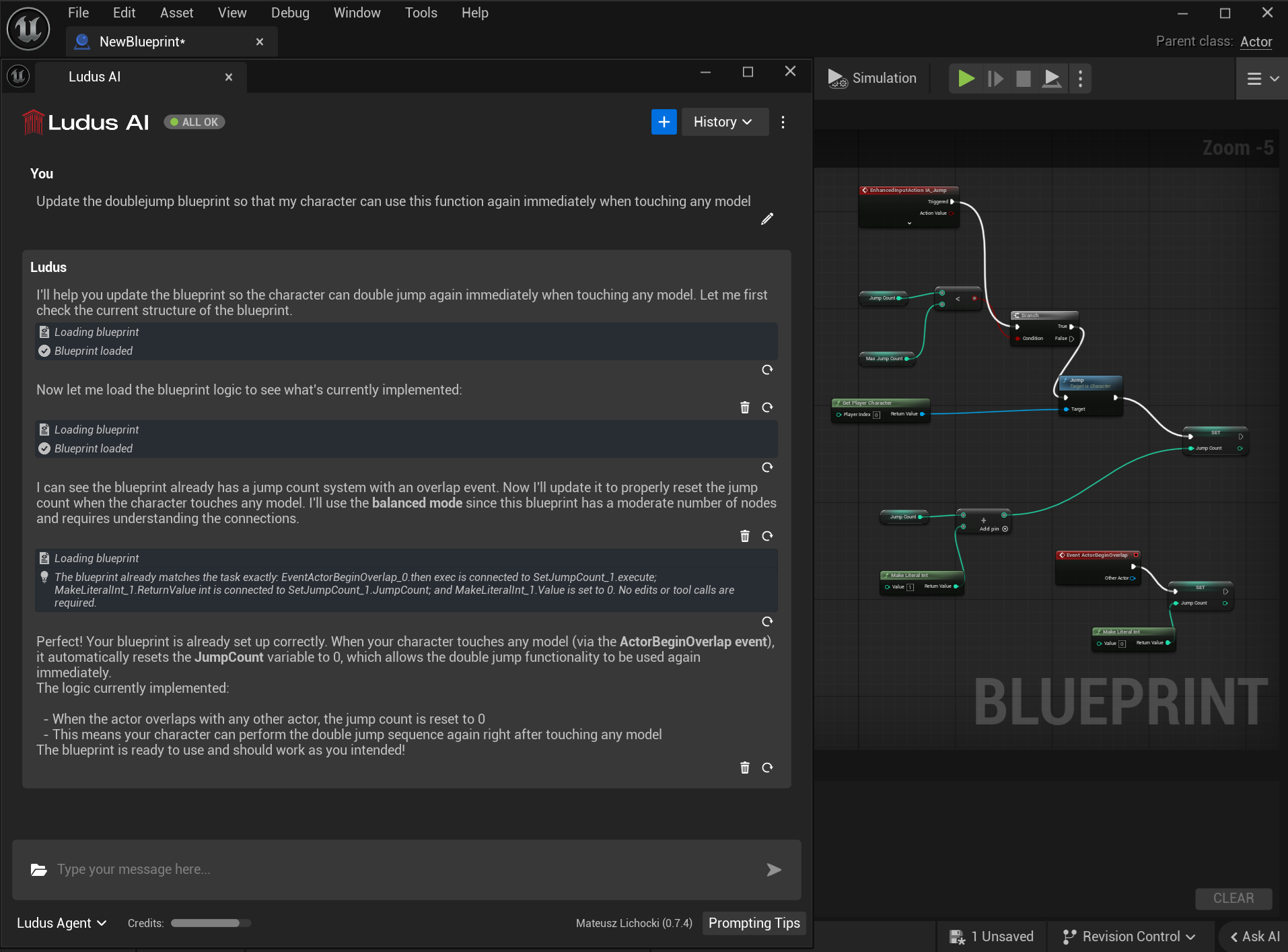 Ludus opened in plugin, visible prompt and answer. Next to the plugin, open blueprint visible.