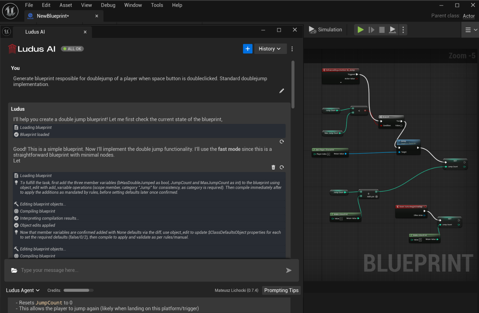 Ludus opened in plugin, visible prompt and answer. Next to the plugin, open blueprint visible.