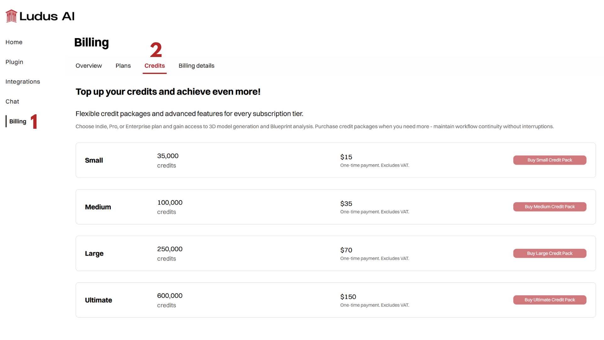 Credit tab in Billing section in Webapp