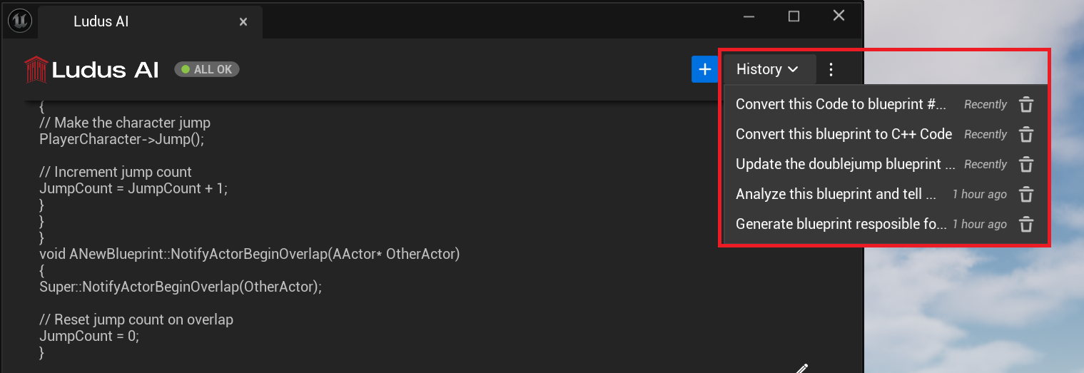 Ludus plugin opened with history dropdown visible