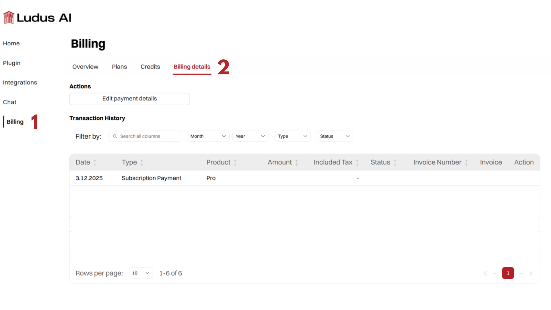 Billing details section in webapp.