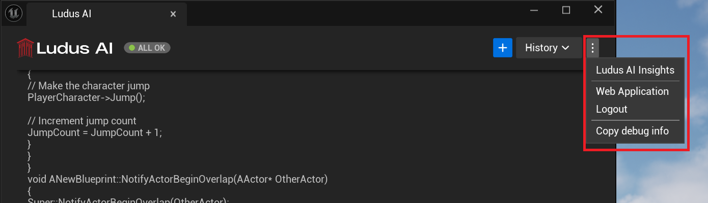 Ludus plugin opened with menu dropdown opened