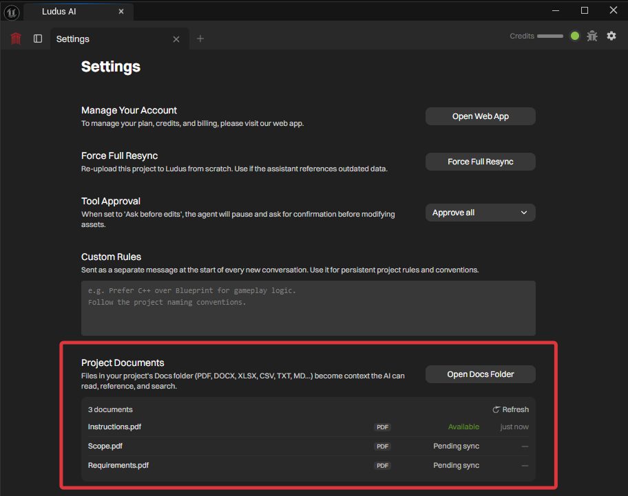 the Project Documents settings panel listing files with their sync status