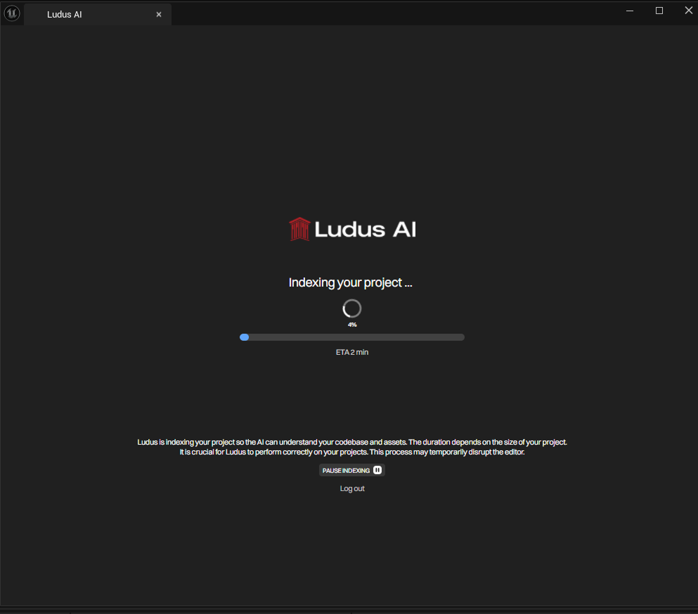 project indexing overlay: progress %, ETA, files remaining, pause/resume