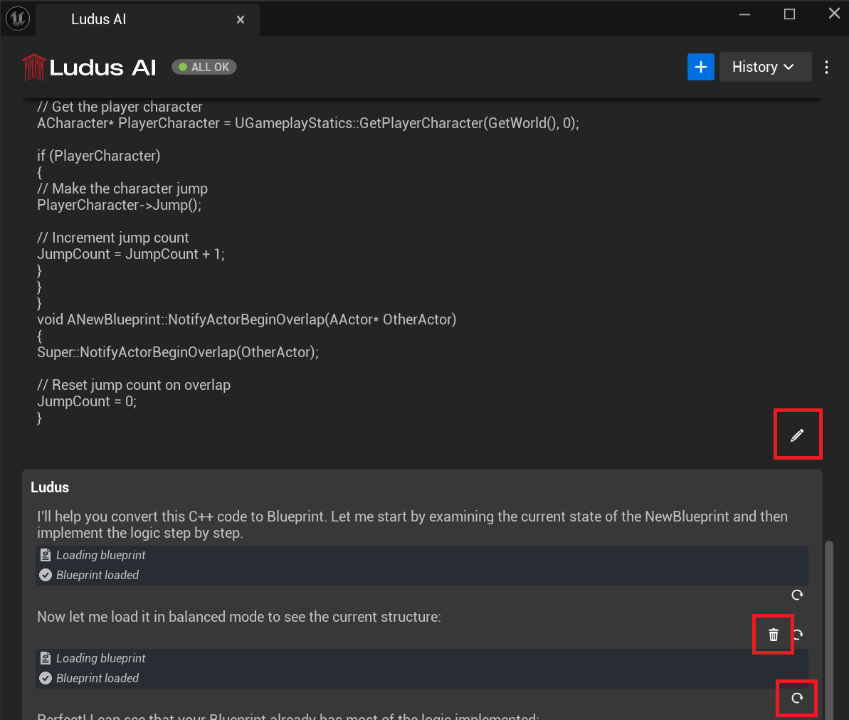 Ludus plugin opened with highlighted editing icons next to messages