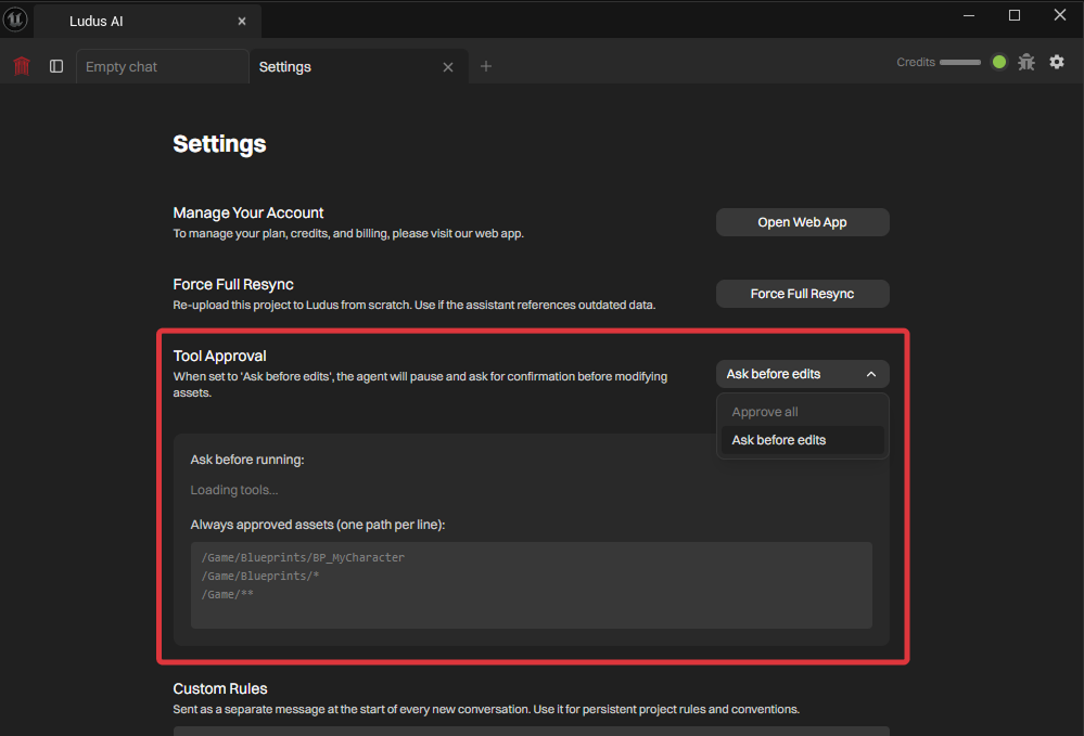 the settings panel showing approval mode, per-category permissions, and always-approved paths with a wildcard